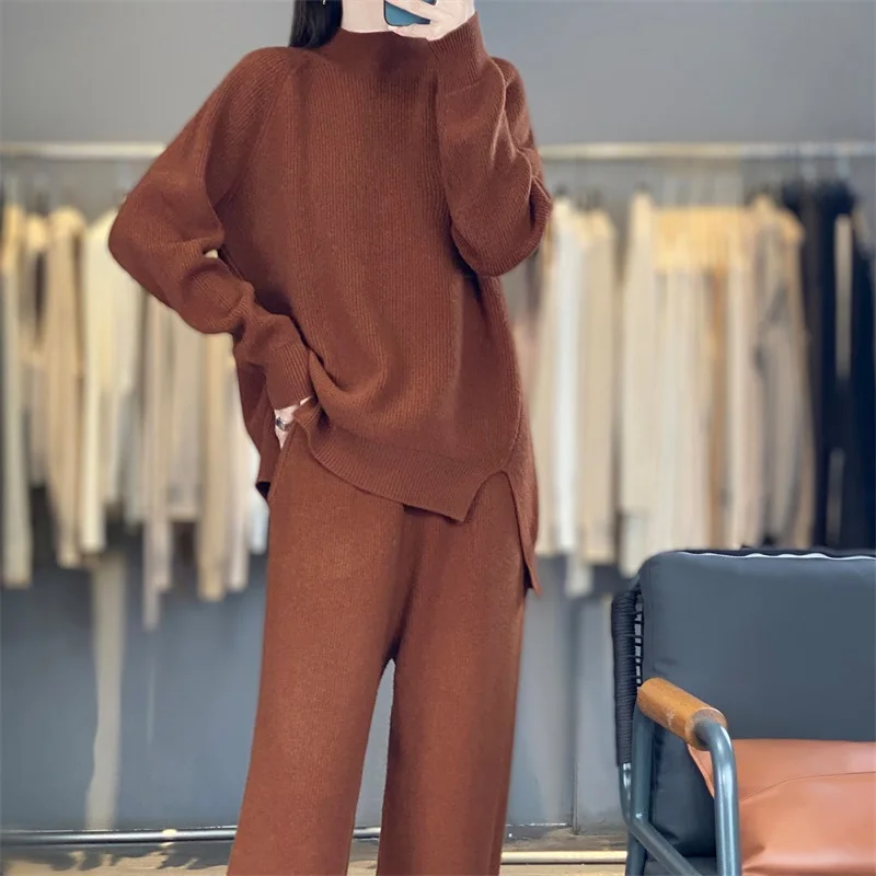 

Пуловер и брюки с круглым вырезом, комплект из 100% мериносовой шерсти, повседневный минималистичный свитер с длинными рукавами, женский осенне-зимний вязаный комплект в классическом стиле