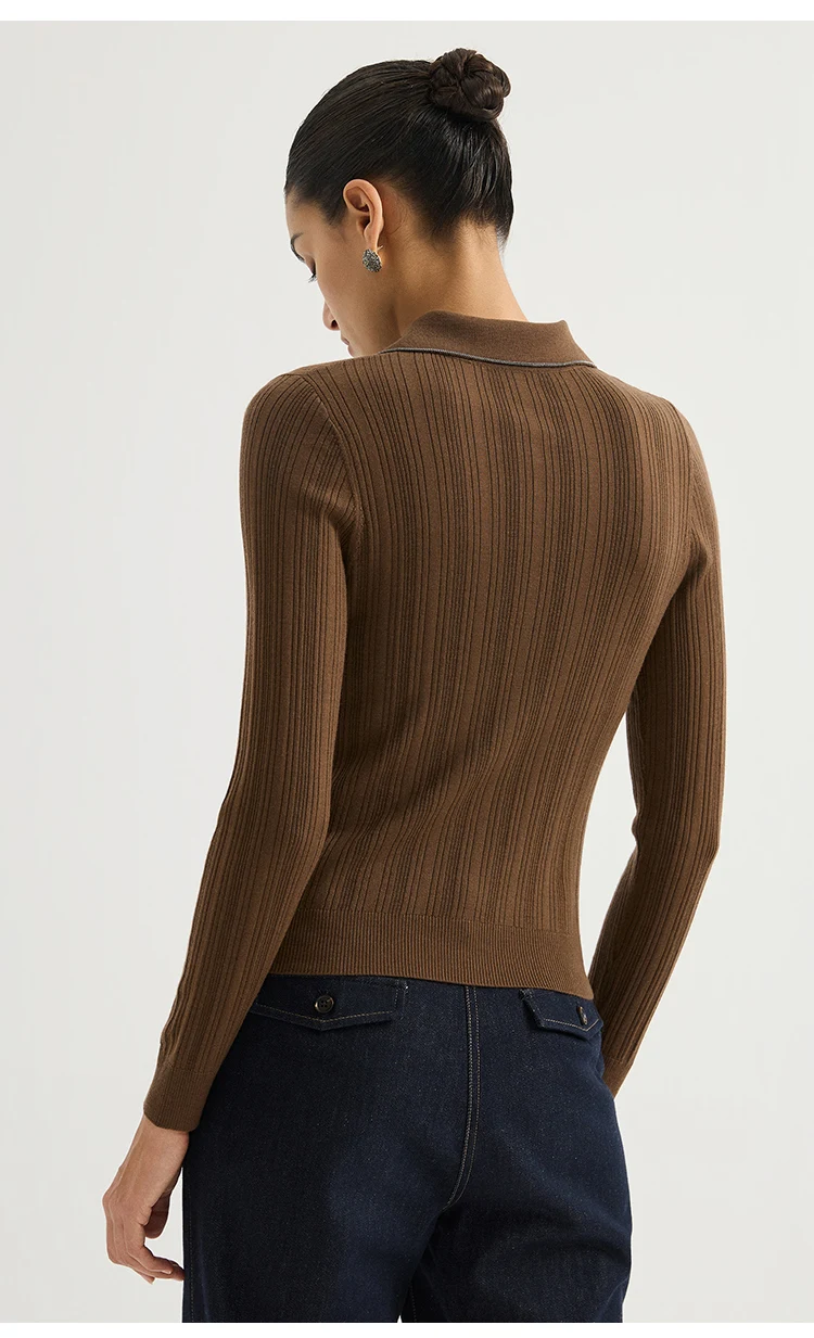 BY3621708 Damen-Strickjacke mit Polokragen, 100% Wolle, strukturiert, gerippt, lange Ärmel, Kragen mit Kettenverzierung, Kunstharzknöpfe, dezenter Luxus für den Herbst – Detail 11