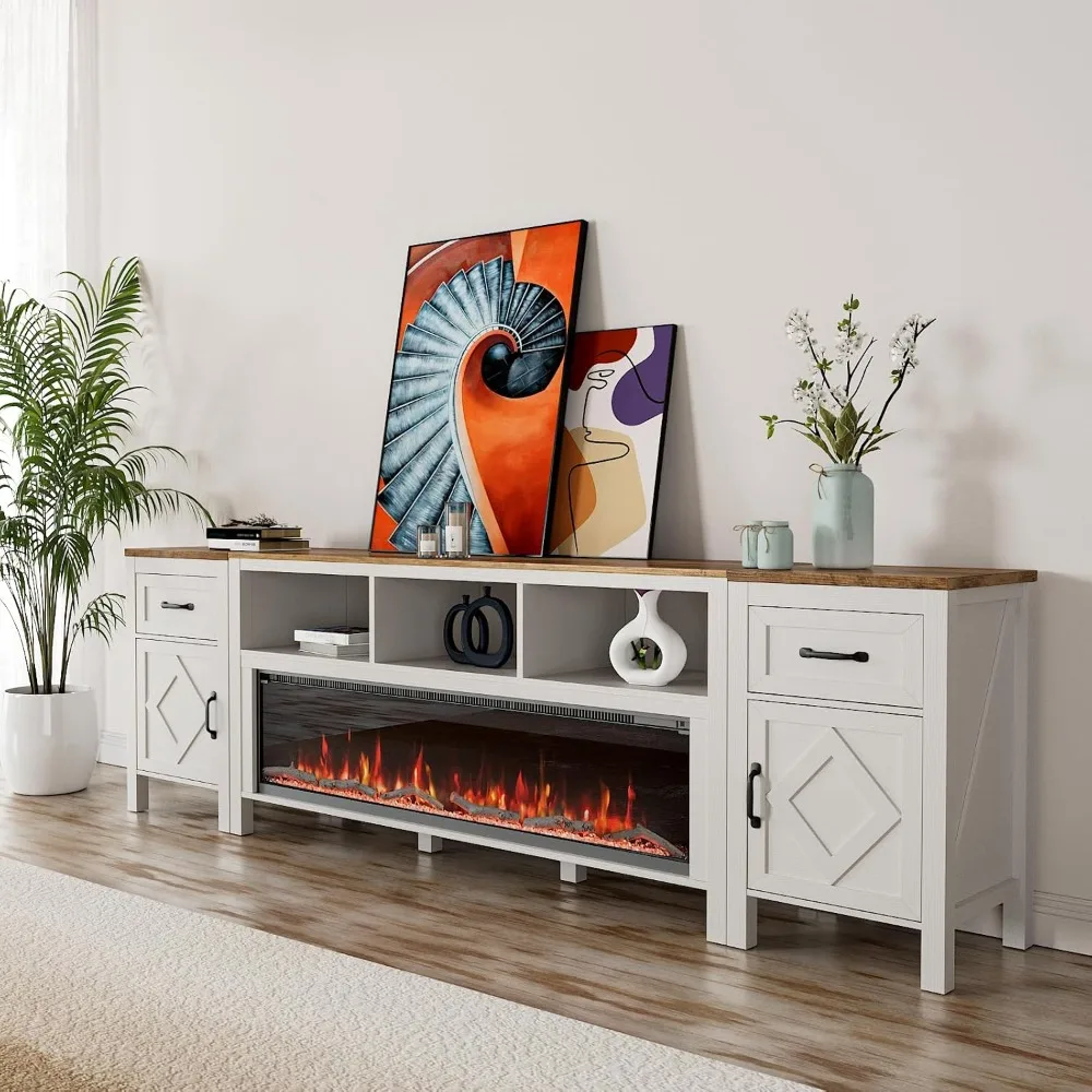 Fireplace white TV cabinet, maximum 110 inch TV, with 60 inch electric fireplace and storage cabinet