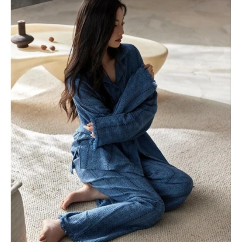 Loungewear Women's Retro Hong Kong Style Fog Blue Fringed Edge with Chest Pad Suit Spring  Autumn Popular Long-sleeved Pajamas