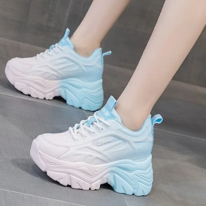 

Pop Women's Mix Color Chunky Sneakers 2024 Autumn Breathable Mesh Lace Up Thick Sole Sports Shoes Woman Casual Single Shoes