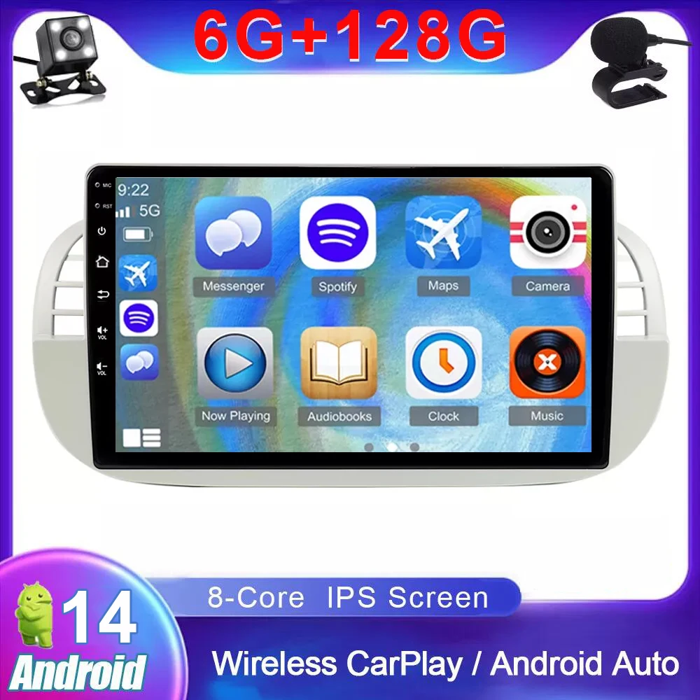 

9'' Android 14 4G+64G Car Radio Stereo For Fiat 500 With GPS Navigation Steering Wheel Control Multimedia Carplay& Auto BT WIFI