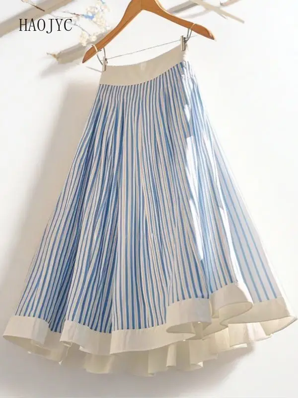 2025 Mori small man new high waist and thin summer temperament high beautiful blue skirt stripes