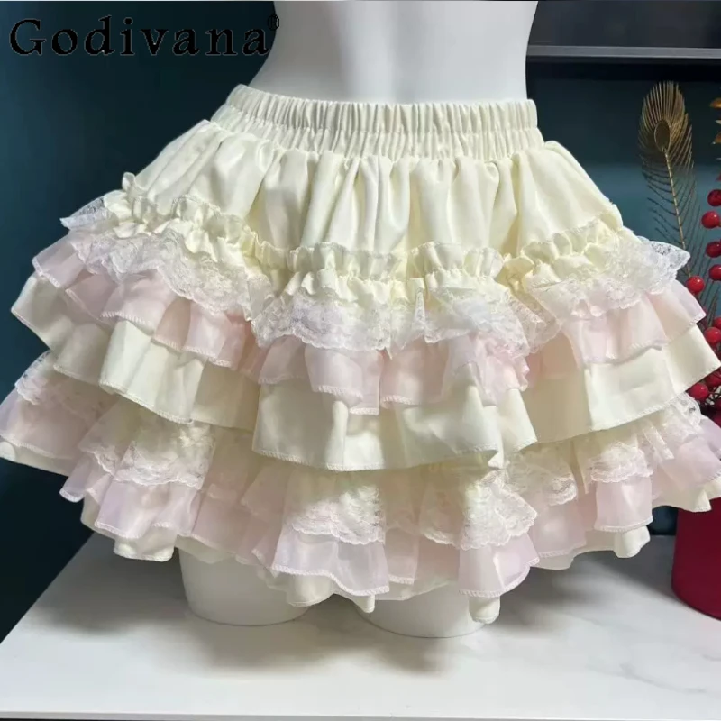 

Large Size Sweet Lace Women Spring Summer Cute Cake Skirt Fashion Elastic Waist A-line Versatile Lolita Ballet Short Skirts