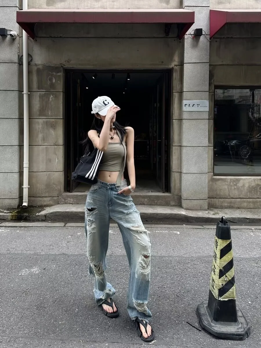 

American Style Vintage High Street Ripped Denim Jeans Men's Summer New Beggar Pants Loose Straight Floor-Length Trendy Jeans