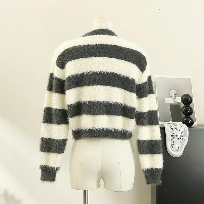 Women Winter Casual Stripe Buttons Up Sweater Coat V-neck Long Sleeved Cardigan Coat Warm Knit Office Overcoat Fall Short Jacket