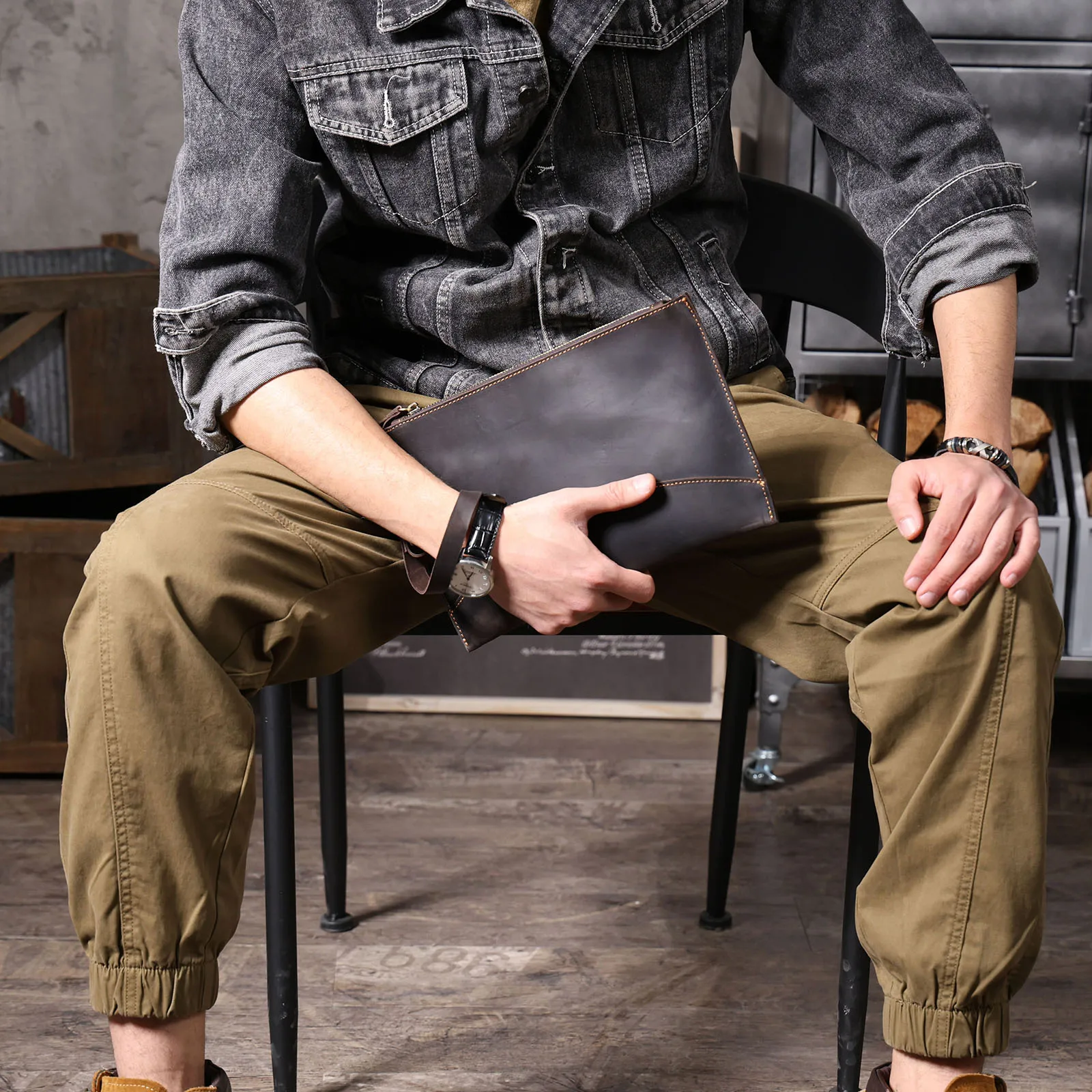Vintage Echtleder Herren-Clutch-Tasche Lange Geldbörse für Männer Erstklassiges Leder Retro-Kartenhalter Handyhalter – Detail 4