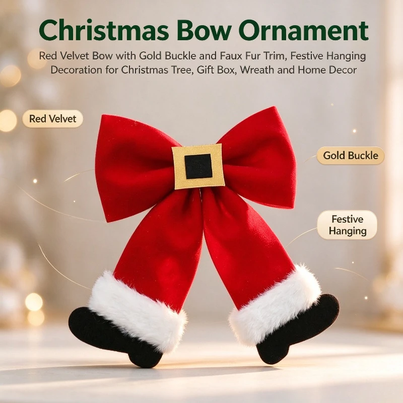 1PC Christmas Bow Ornament With Tie Strap Diy Craft Bow For Christmas Tree Stocking Belt Gift Box Holiday Festival Decoration