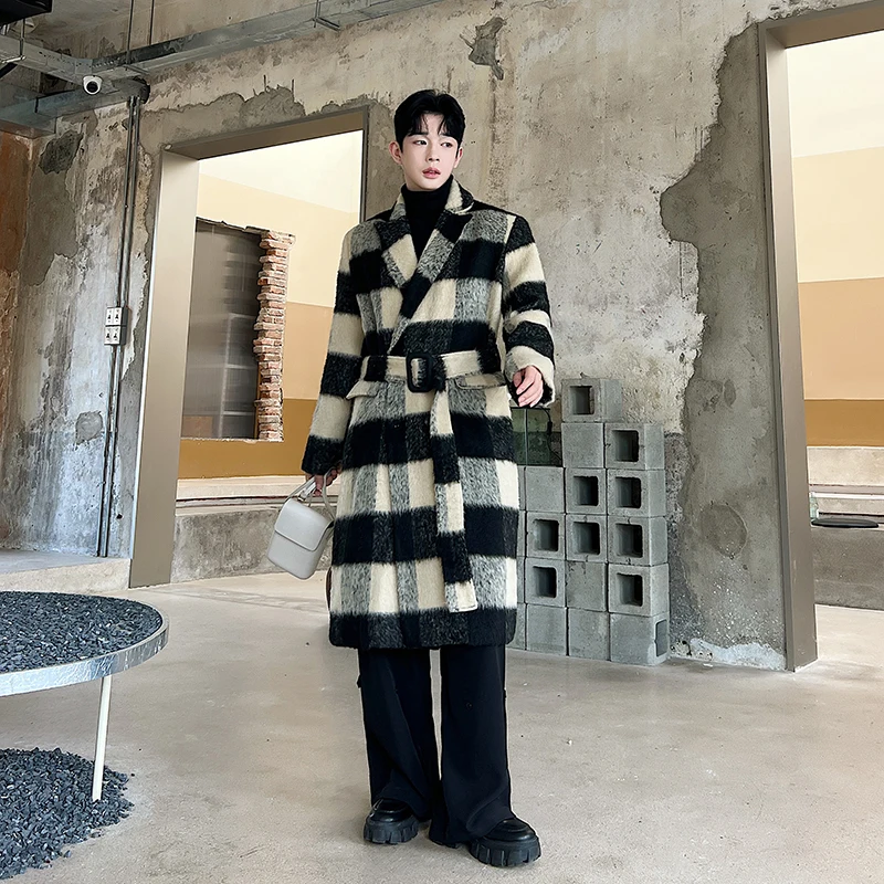 NOYMEI Woolen Coat Men's Autumn Winter Trench Thickened Korean Style High-end Checked Over Knee Windbreaker Trend WA3106