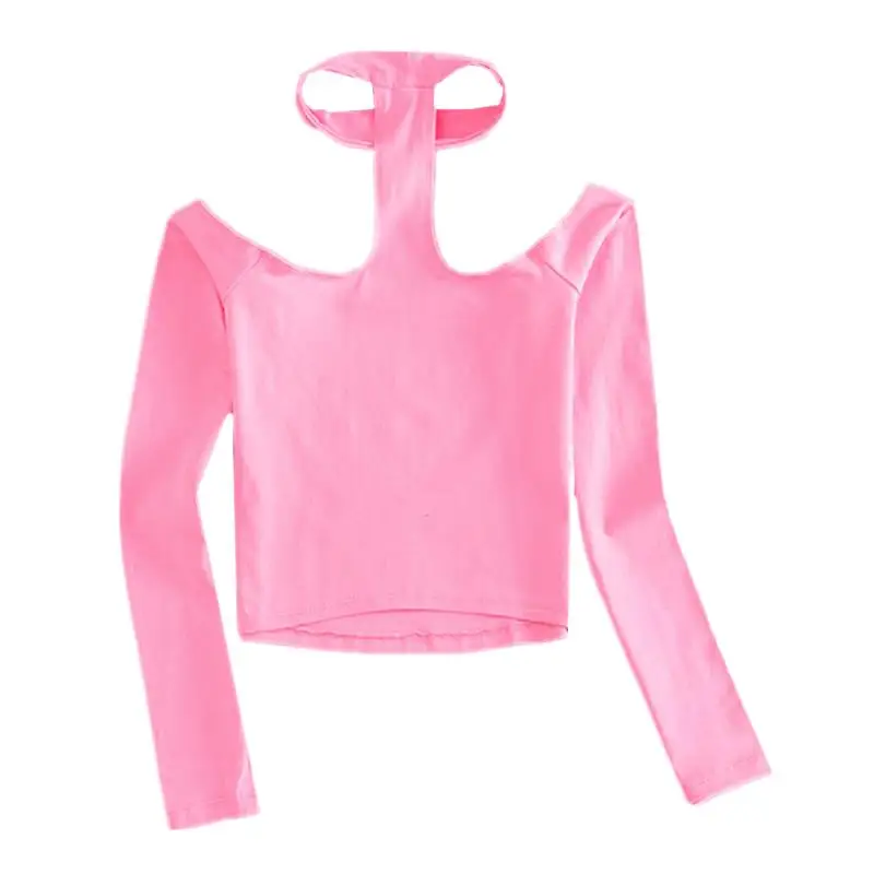 韓国風セクシーなスラッシュネック黒Tシャツ レディース 長袖ホルターネックトップ ガールズTシャツ クロップトップ レディース服 ヴィンテージTシャツ