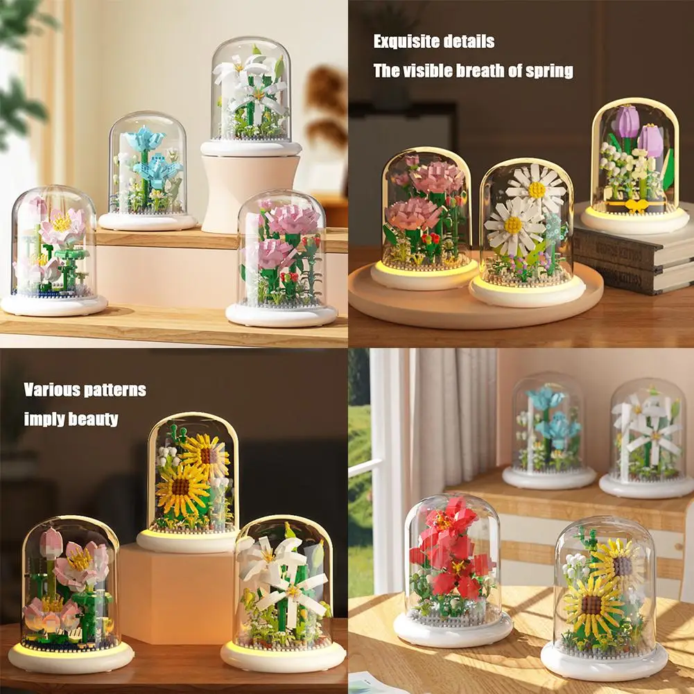 Children Creative Flower Building Block Kit Toys With Box Rotating Toy Puzzle Eternal Kid's Bouquet Flower Assembly Lights O4F6