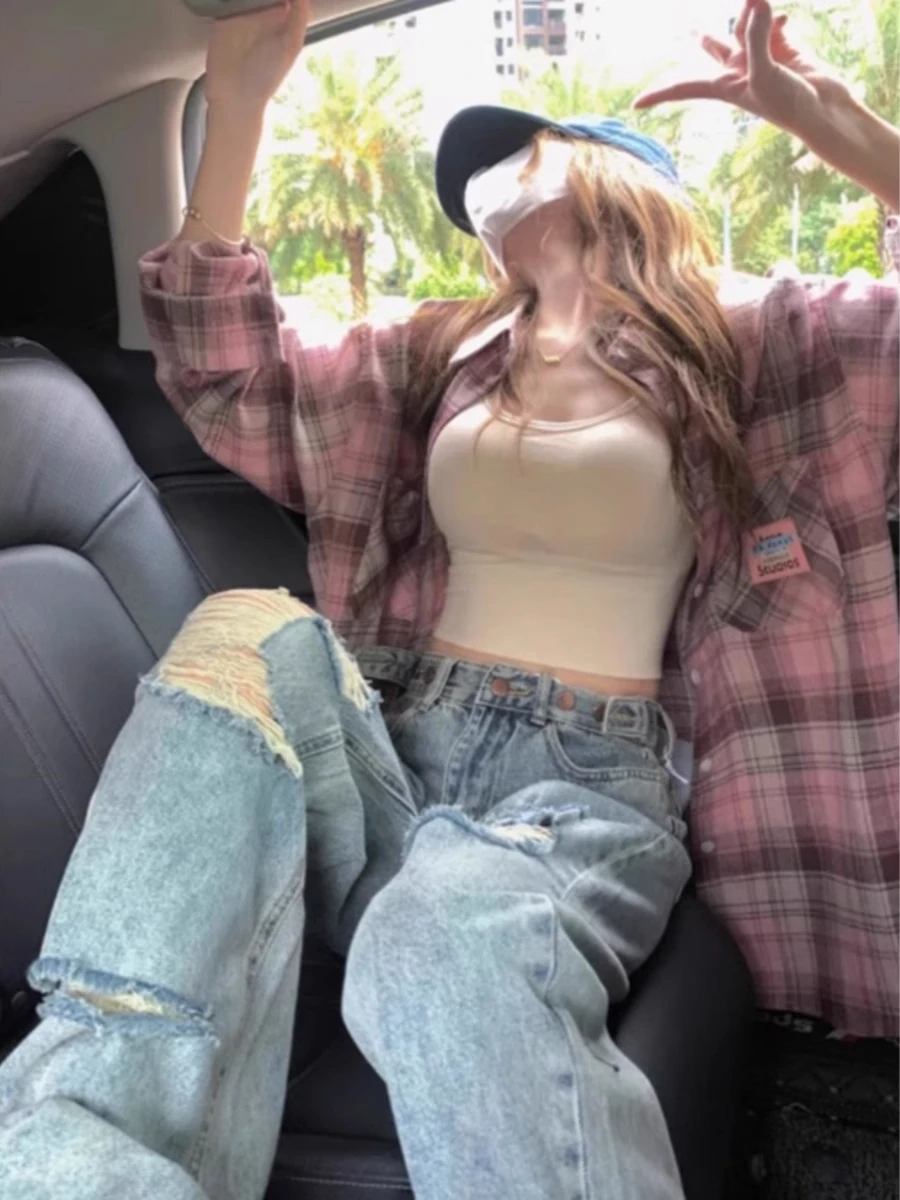 

plus Size Pink Plaid Sun Protection irt Women Summer 2025 New Sle American Retro Loose irt Jaet Trendy Collar