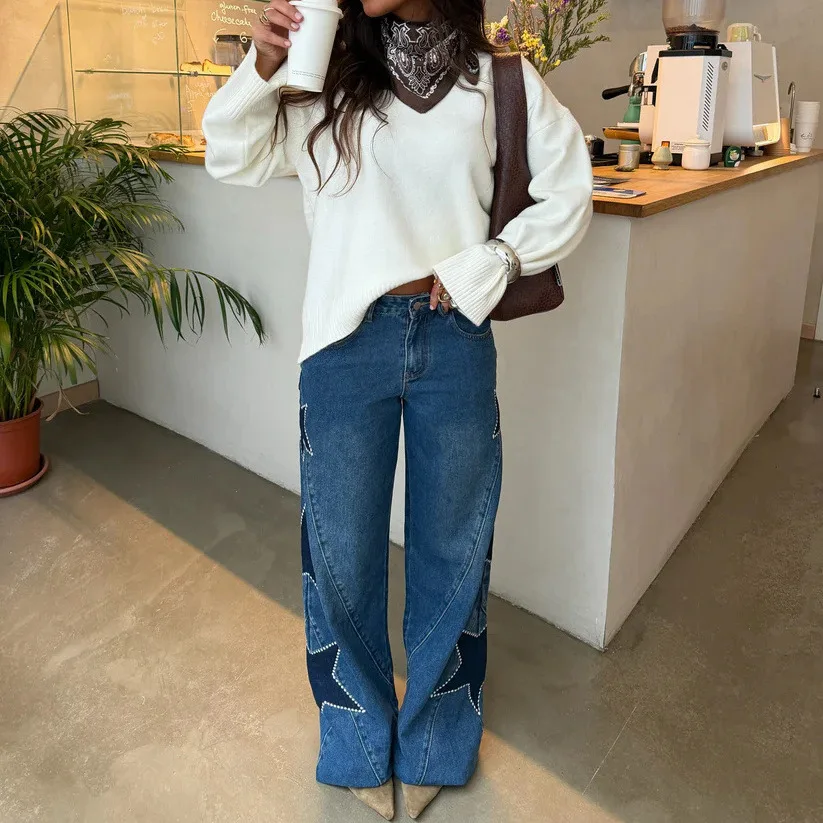 Jean en denim pour femme, vintage, coupe large, long, imprimé, taille haute, droit, style Y2K, streetwear, décontracté, ample, 2026