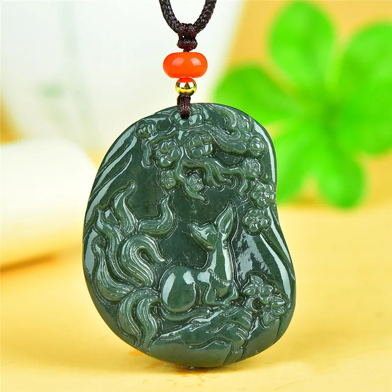 Hetian nine-tailed fox jade pendant green fox pendant men and women models jade necklace jade pendant jumper chain