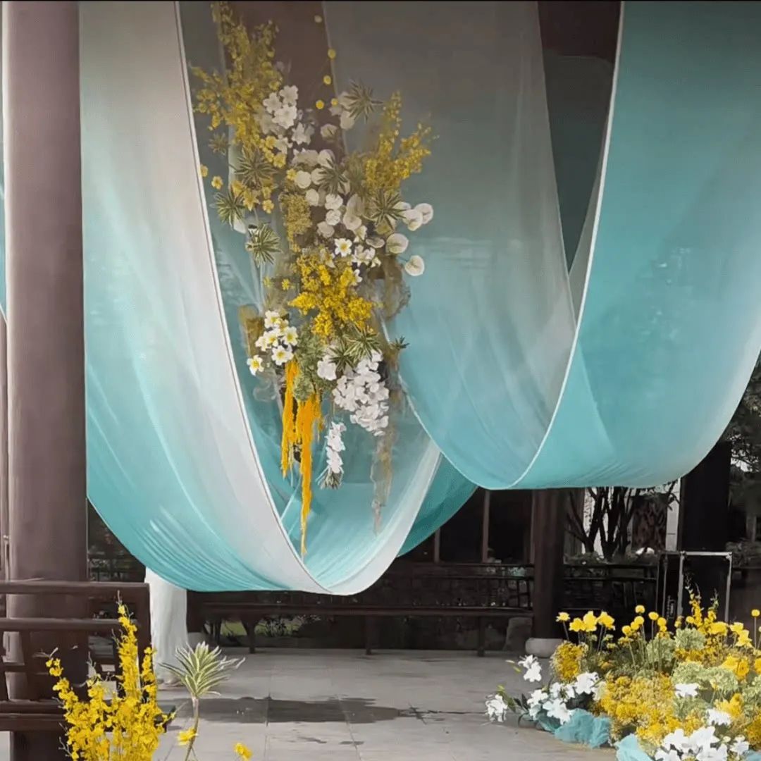 Blue and Green Gradually-Layer Draping Fabric for Wedding Decoration Hanging Ceiling Voile Micro Transparent Purdah Fabric
