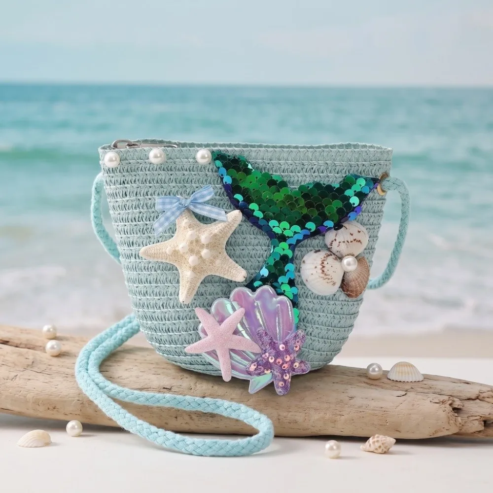 Fashionable Match Straw Woven Mermaid Crossbody Bag Lightweight Breathable Slant Cross Bag Durable Sequins Shoulder Bag Summer