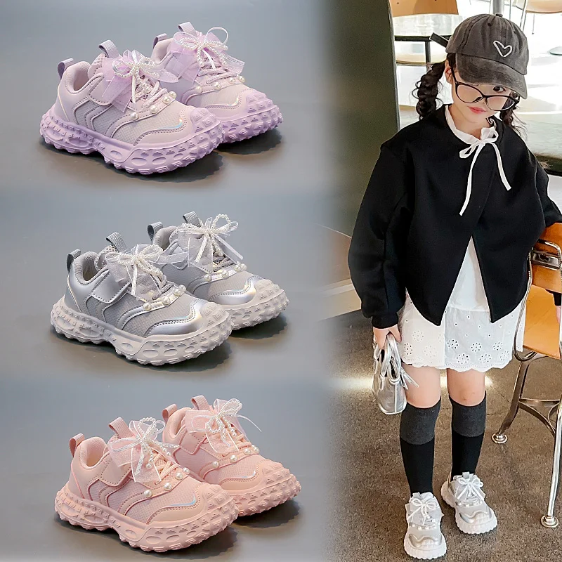 

Girls Sneakers Size 27-36 Leather Bow Girls Casual Shoes Four Seasons Models Pink Lightweight Non-slip Children's Single Shoes