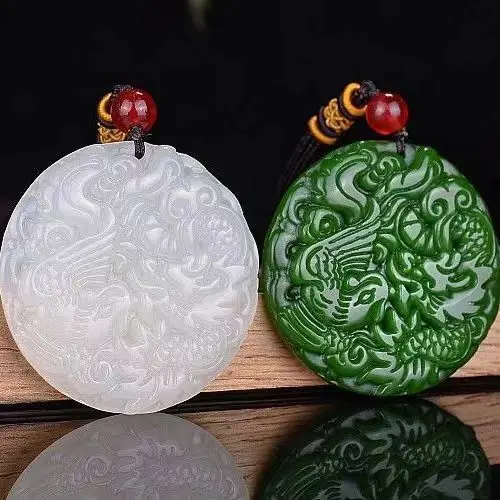 Xinjiang Hetian dragon and phoenix Chengxiang pendant couple a pair of materials spinach green jade dragon and phoenix