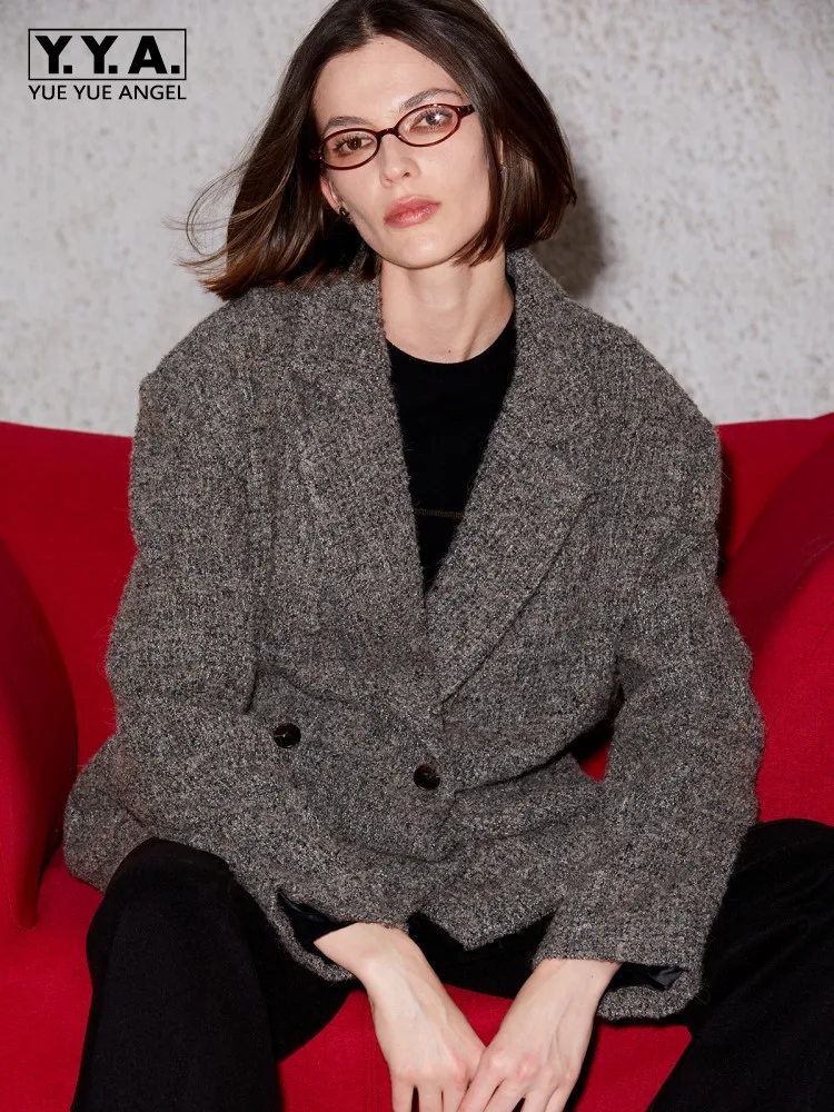 

Office Ladies Vintage Wool Suit Jacket Double Breasted Loose Fit Autumn Winter Straight Casual Outerwear Women Work Blazers Tops