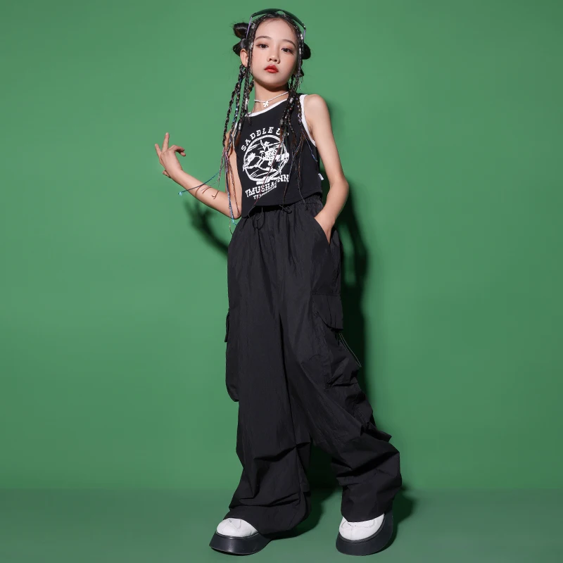 Kids Cometitions Hip Hop Clothing Crop Tank Vest Black Baggy Cargo Pants For Girls Jazz Showing Dance Costume Teenage Clothes