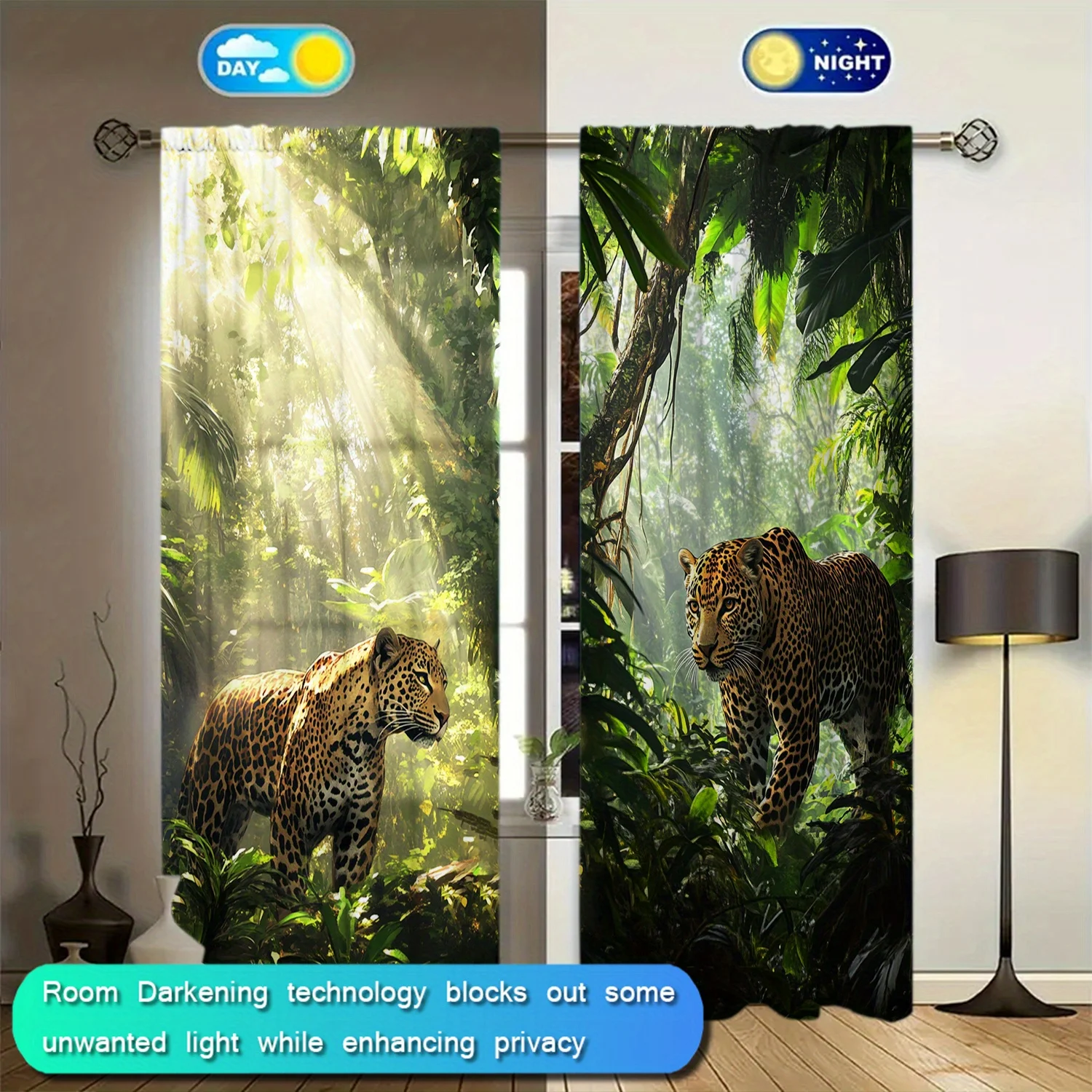 Luxurious Leopard Print Jungle Curtain Panels Tropical Rainforest Wildlife Scene Polyester Drapes for Living Room Home Decor Win