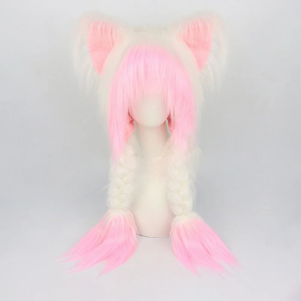 Y2K Cat Ears Hat Kawaii Long Plush Fox Ear Double Braid Fashion Versatile Anime Fall and Winter Cap Halloween Dress Up Headwears