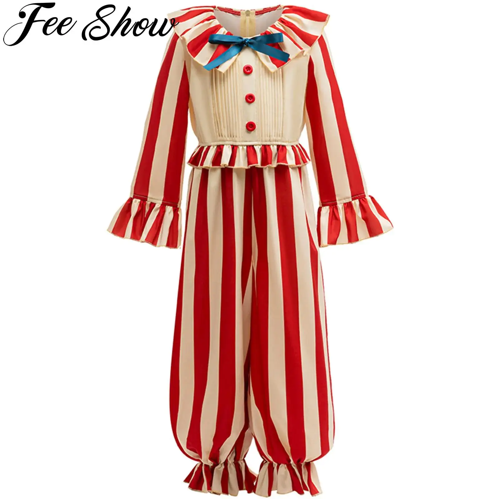 

Kids Circus Clown Cosplay Costume Striped Ruffled Collar Bow Tie Long Sleeve Jumpsuit Halloween Carnival Party Role Play Outfit