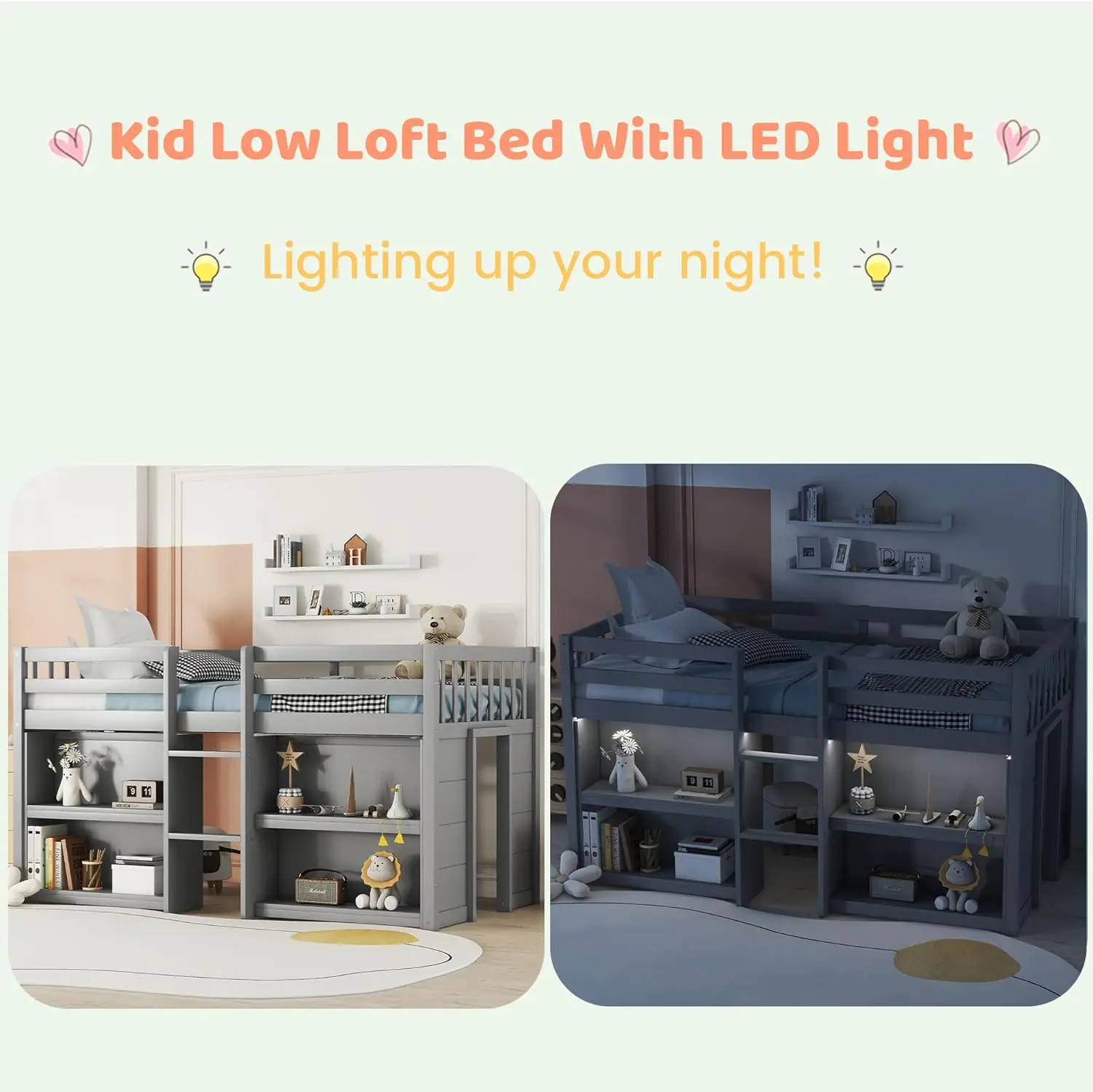 Lit Loft Bas avec Étagères de Rangement pour Enfants, Lit Loft Lits Jumeaux en Bois avec Lumière LED et Étagères, Lit Loft Bas pour Enfants et Garçons