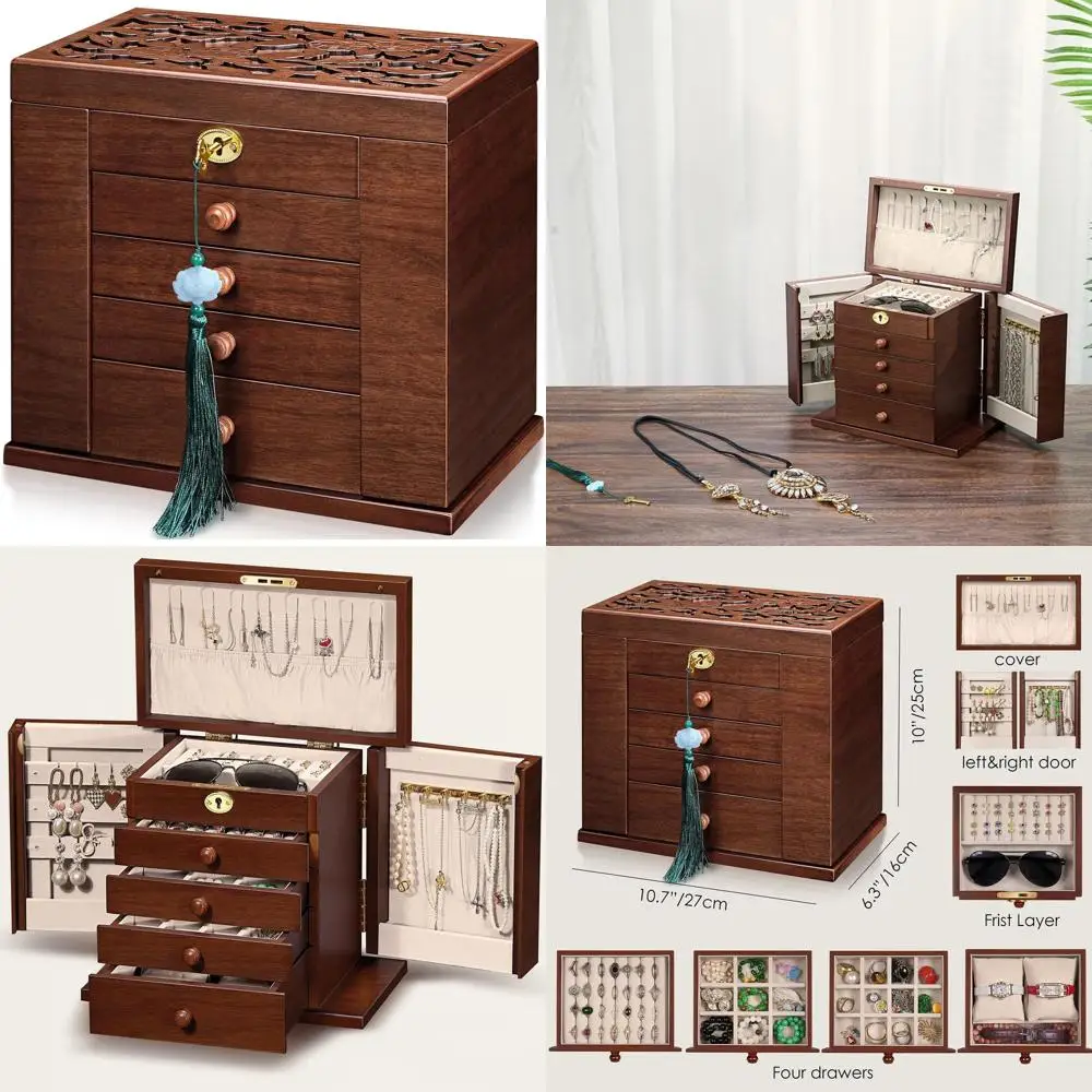 

Восьмислойный деревянный органайзер для косметики с замком для женщин - большой ящик для хранения с ключом