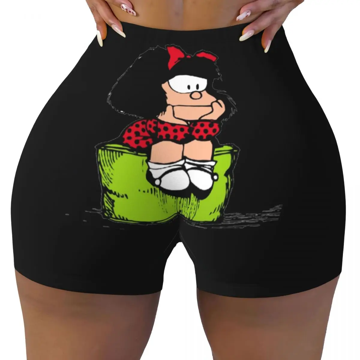 Custom Women's Mafalda Thinking Workout Yoga Shorts Quino Comic Cartoon Athletic Gym Biker Running Shorts