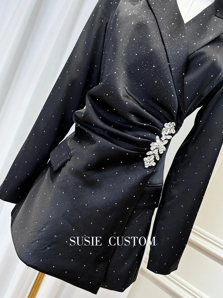 DEAT Women\'s Spliced Diamonds Elegant Satin Surface Dress 2024 Autumn Long Sleeve Solid Lapel Fashion Female Dresses 15KB4486