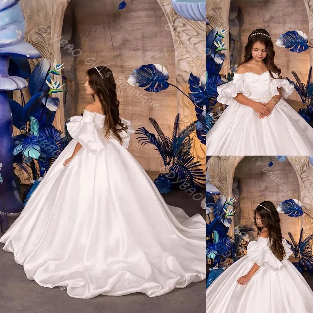 

Customized White Flower Girl Dress For Wedding Pearls Satin Short Sleeve Floor Length Kids Birthday First Communion Gown
