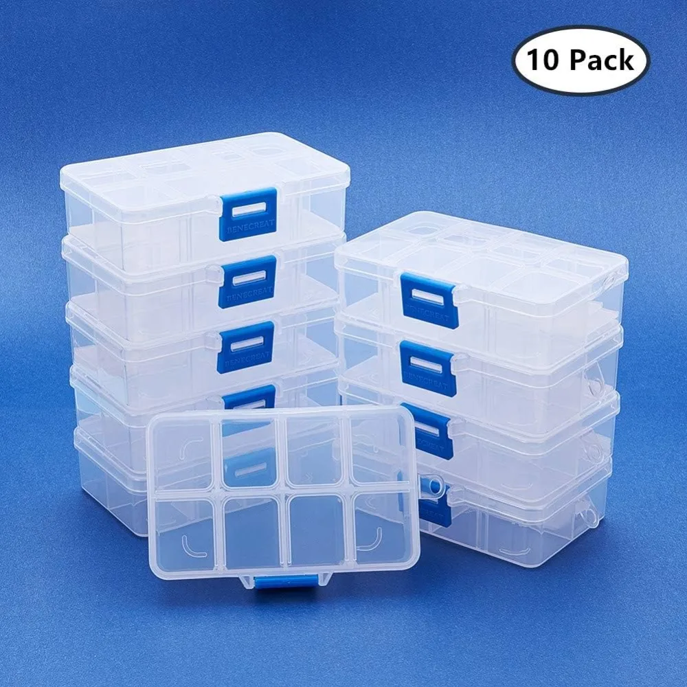 10 Pack 8 Grids Jewelry Dividers Box Organizer Adjustable Clear Plastic Bead Case Storage Container 4.33 x 2.68 x 1.18 inch,