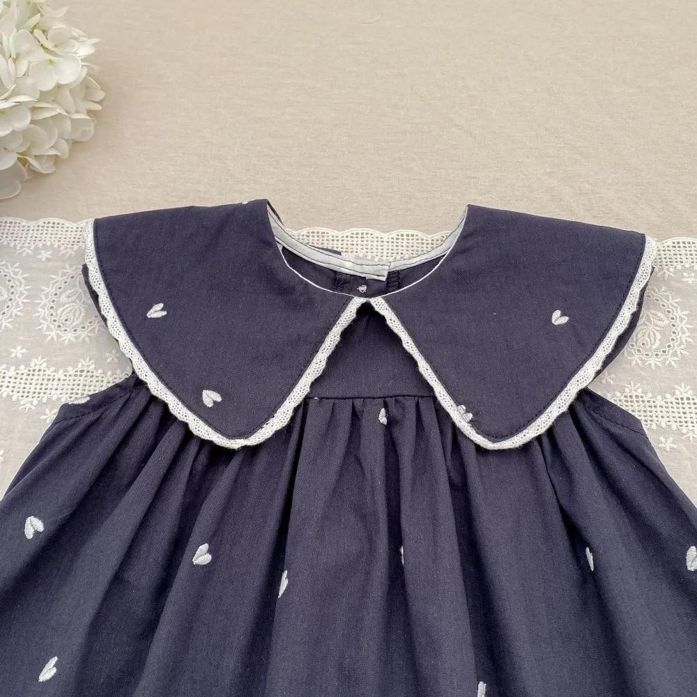 Sleeveless Girl Dress Lace Trim Cotton Fabric Toddler Dress Big Collar Sweet Heart Print Heart Print Dress