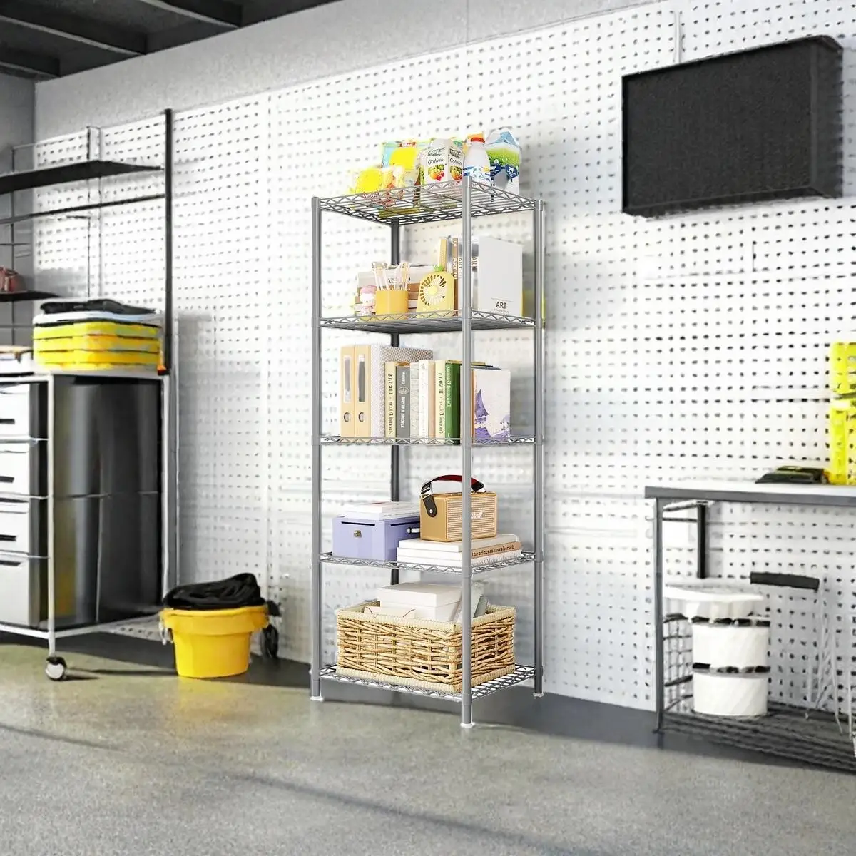 Adjustable 5-Tier Metal Shelving Unit Heavy Duty Iron Storage Rack Freestanding Organizer Shelves Space Saver for Garage Kitchen Pantry Laundry Bathroom Office Utility Room 60x23x13 Inch