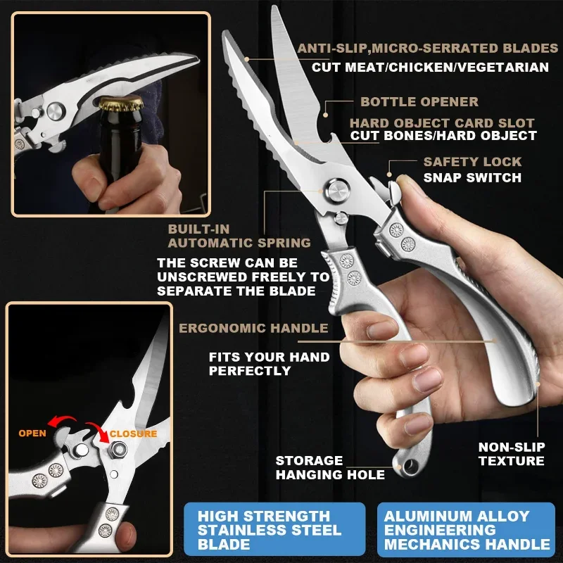 Chicken Bone Kitchen Shears,Stainless Steel Kitchen Scissors Fish Cutter Fish Scissors Scale Clean Cook Scissors Knife M9195