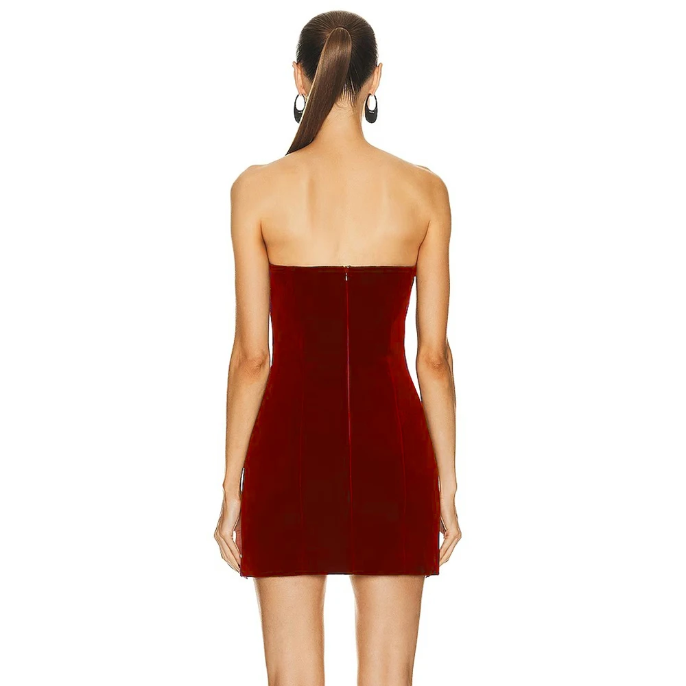 Ailigou 2023 New Summer Women's Sexy Strapless Hollow Diamond Heart Luxury Wine Red Tight Mini Dress Elegant Evening Party Dress