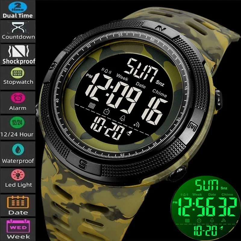 Skmei Dual Time Zone Mens Military Sports Watch 12/24 Hour Format Fashion TPU Band Big Size Dial Led Swimming Digital Wristwatch