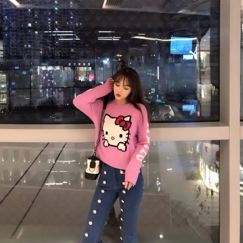 Sanrioed Hello Kitty Long Sleeve Knitwear Fashion Crop Tops Women Sweater Slim Fit Korean Cartoon All Match Round Neck Pullovers