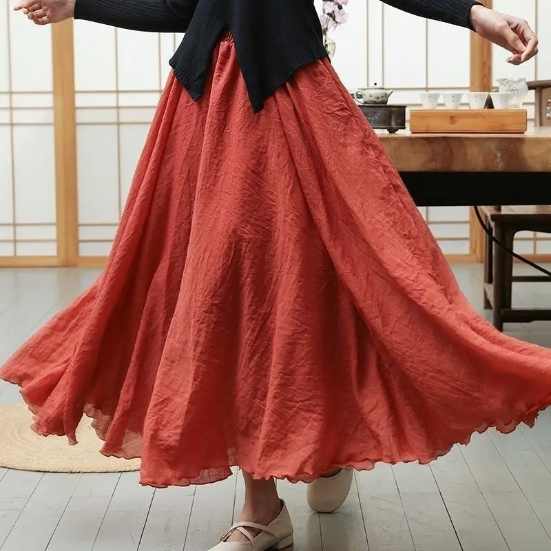Female High Waisted Cotton Linen Maxi Skirt Women Leisure Bilayer Half Length Skirt New Chinese Style Lady Versatile Long Skirts