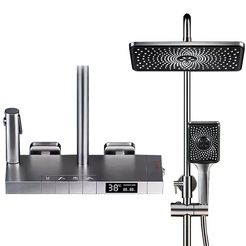 황동 벽걸이형 디지털 디스플레이 라이트 피아노 샤워 믹서 세트 온도 조절식 레인폴 욕실 수도꼭지 세라믹 밸브 코어 포함