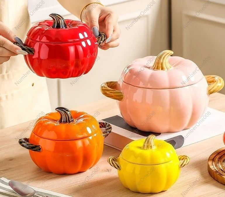 Ceramic Soup Pot with Lid Creative Pumpkin Design Double Handle Large Serving Bowl Noodle Soup