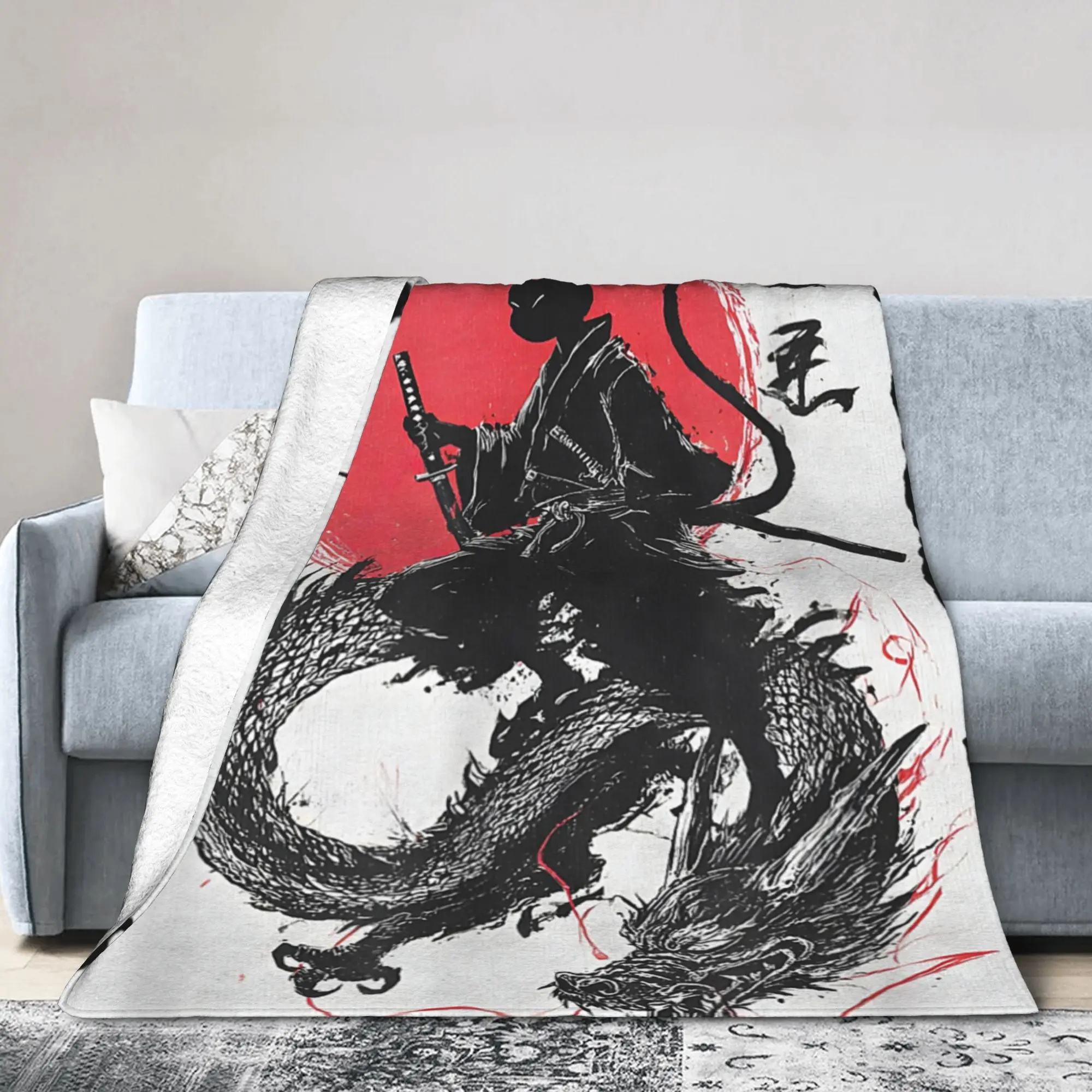 Ukiyo-e Samurai Japanese Ink Art Cat Blanket Flannel Autumn Winter Vintage Artwork Multifunction Thin Throw Blanket Bedspread