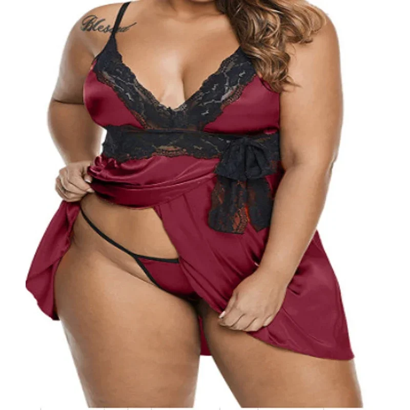 Sexy Lingеrie Set Women's Underwear Satin and Lace Lace Short Slip Nightdress with Slit Front Plus Size Lingerie  Sexy Sleepwear