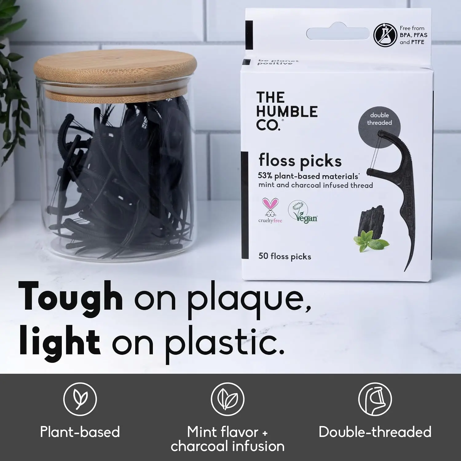 Dental Floss Picks Double Thread Charcoal 200 Ct Eco