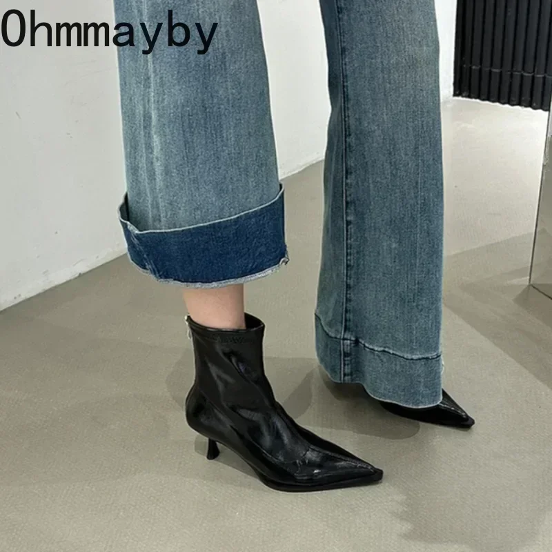 Kobiety Slim Ankle Boots Fashion Elegant Pointed Toe Soft Leather Shoes Thin High Heel Autumn Winter Women\'s Morder Short Booties