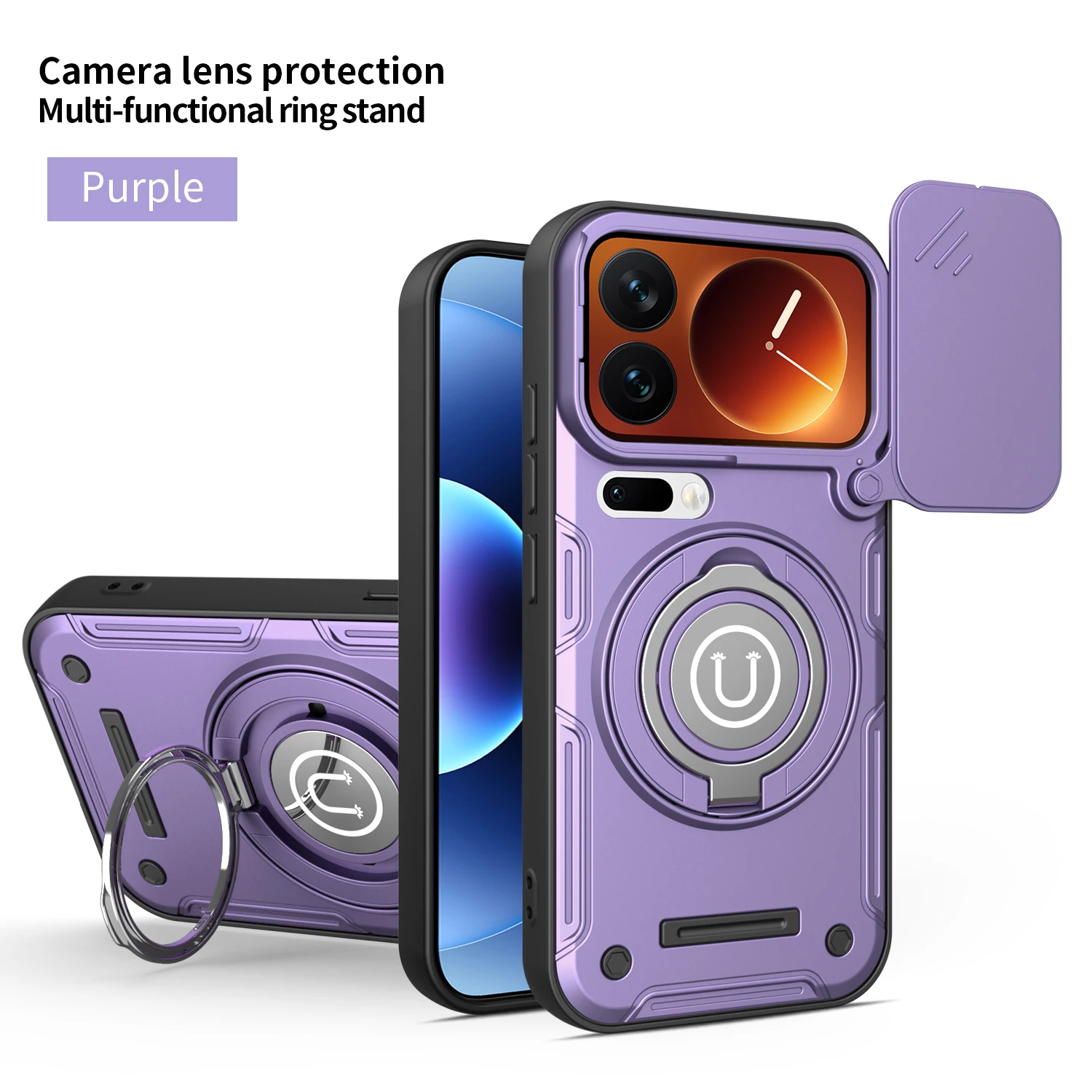 Shockproof Phone Case For Xiaomi 17 15T Pro Max 360 Rotatable Ring Kickstand Built-in Magnetic Plate Slide Camera Protect Cover - view 3