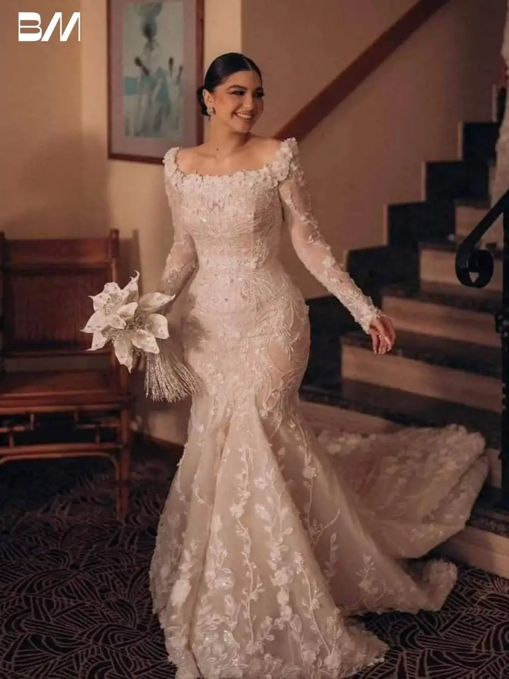 Dreamy Beaded Embroidery Mermaid Wedding Dress Elegant Long Sleeves Romantic Customized Appliques Shiny Stylish Bridal Gown