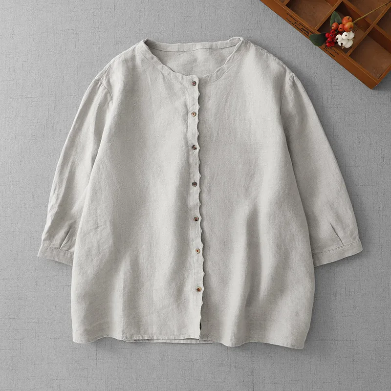 

Women T Shirts Tops Solid Tees Button Three Quarter Sleeves Round Neck Slight Strech Loose Casual Streetwear 2026 Spring Summer