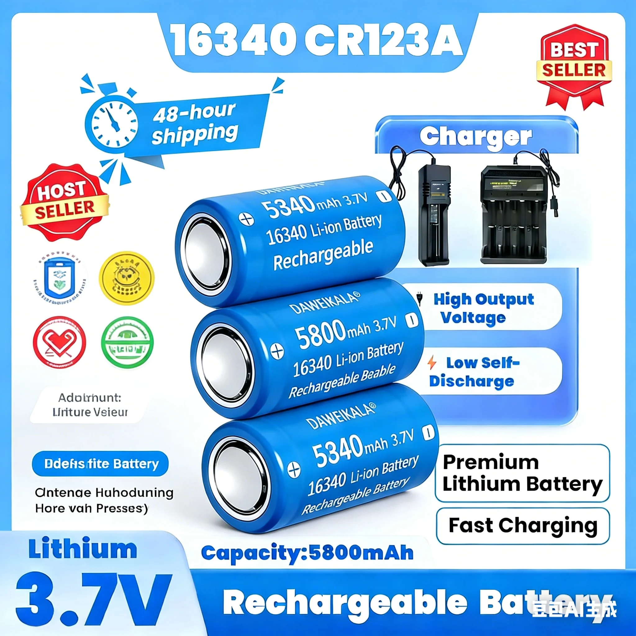 High Capacity 16340 5800mAh 3.7V Rechargeable Li-ion Battery with Charger, Perfect CR123A for LED Flashlight, Travel, Camping